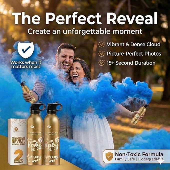 Gender Reveal Smoke Bombs Set – 2 Pack Gender Reveal Fire Extinguisher Spray (Blue, 300g Each) – Non-Toxic Cornstarch Cloud for Baby Boy Reveal Party Ideas, Pregnancy Announcement – Stickers Included