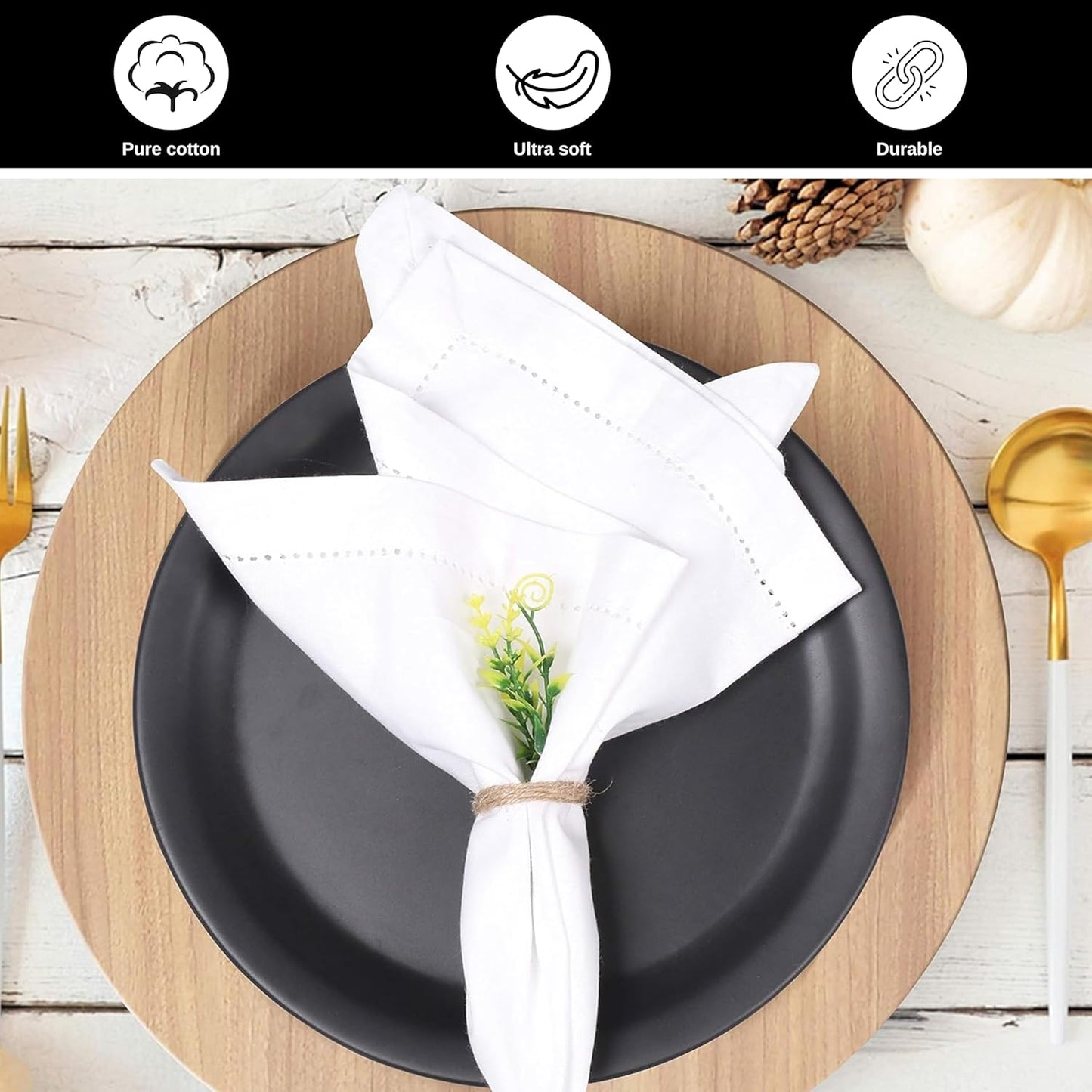 Bedding Craft Cotton Cloth Dinner Napkins Set of 12 – 18x18 White with Hemstitched Mitered Corners – Machine Washable Fabric Napkins for Weddings, Dinner Parties & Table Decorations