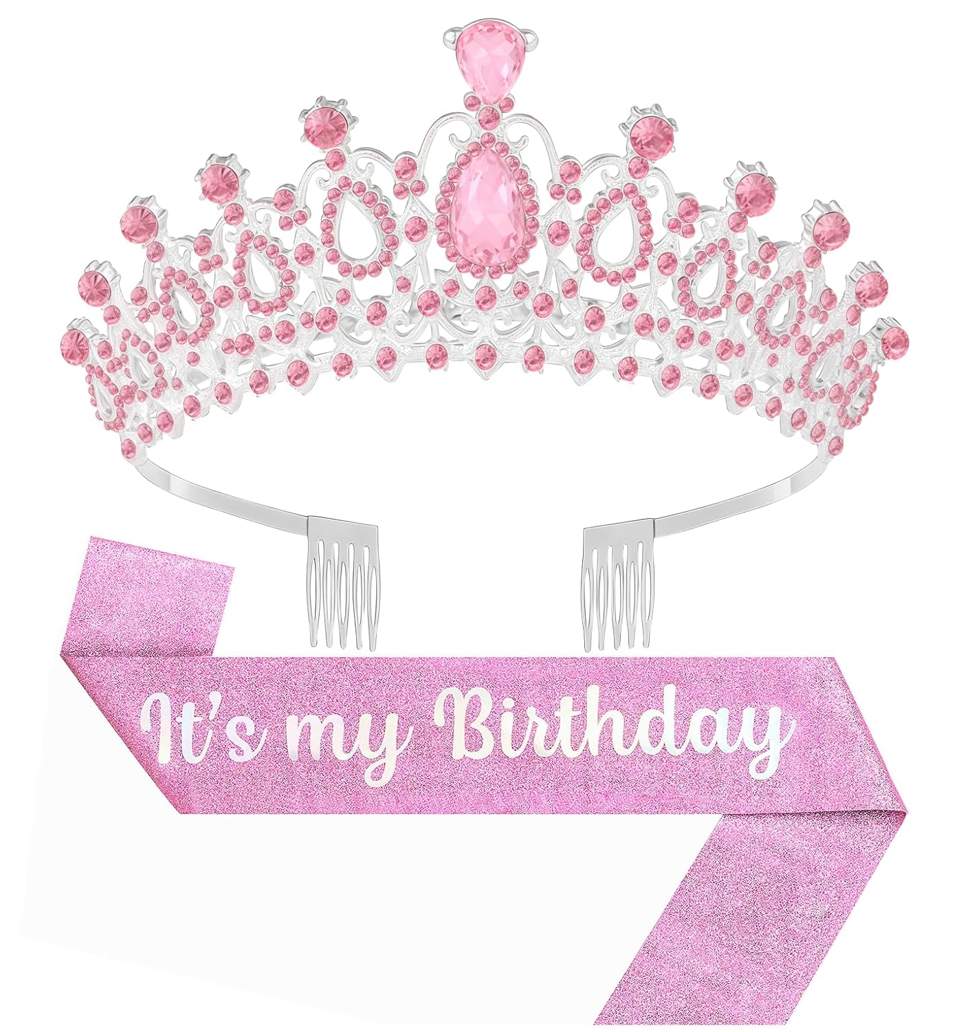 Birthday Tiara and Crown with Sash, Birthday Tiara for Women Party (Pink)