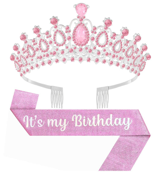 Birthday Tiara and Crown with Sash, Birthday Tiara for Women Party (Pink)