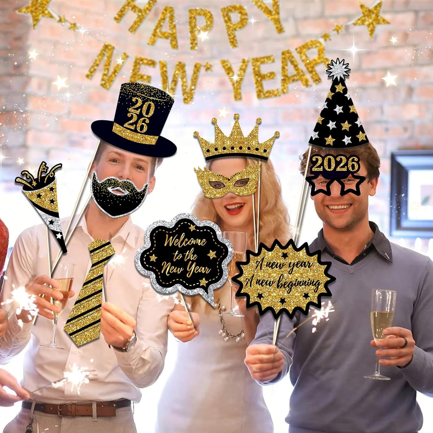 New Years Eve Photo Booth Props 2026, 30 Pcs Black Gold and Silver Funny New Years Eve Party Photo Booth Props for Happy New Year 2026 Party Decorations