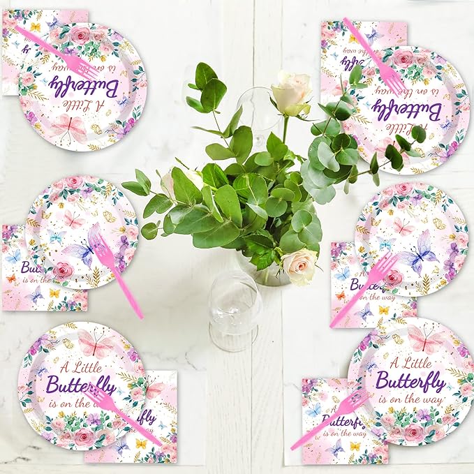 96Pcs Butterfly Baby Shower Party Supplies A Little Butterfly is On The Way Paper Plates Napkins Baby Girl Party Decorations Pink Floral Princess Girl Dinnerware Favor Tableware Serves 24