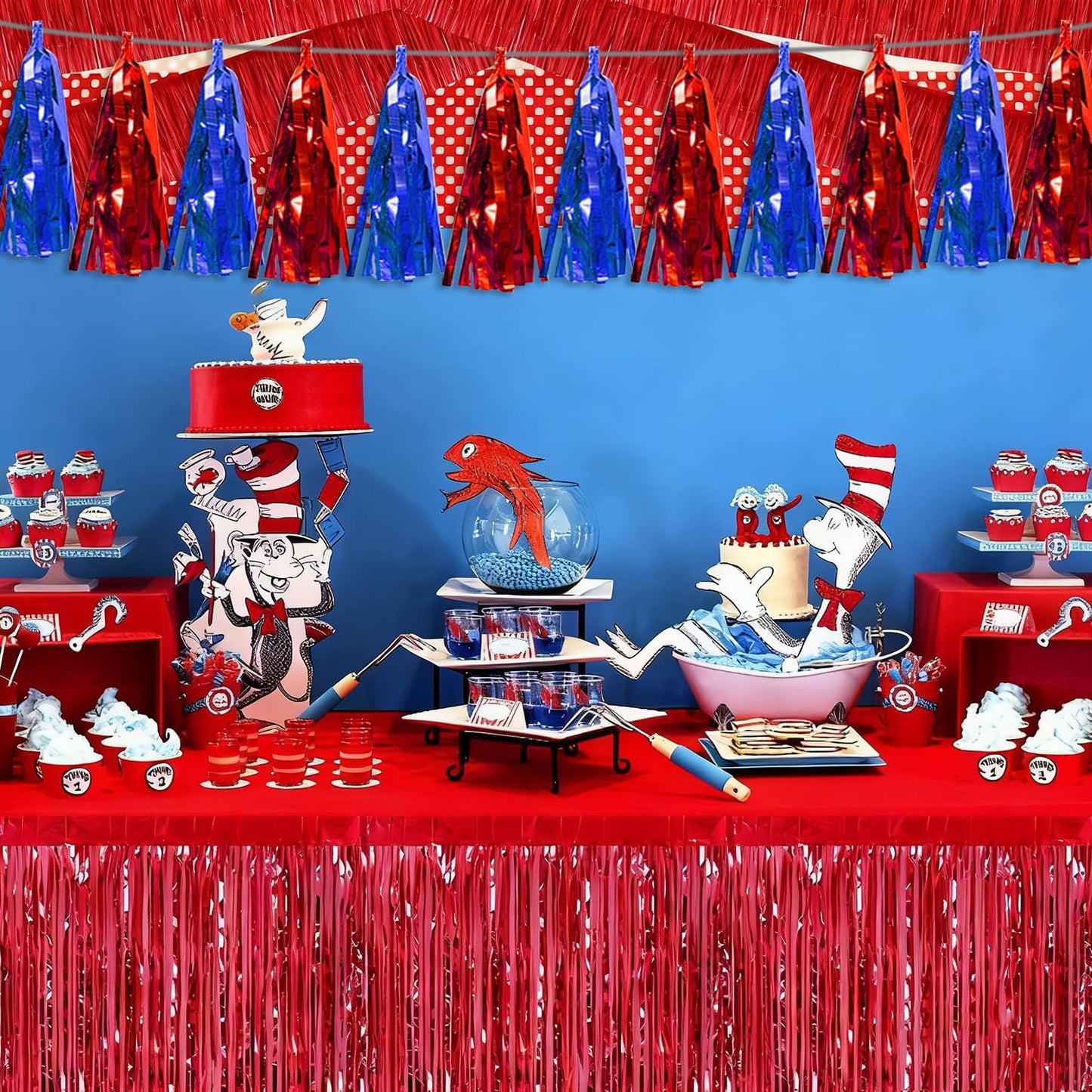 4P Blue Red Tassel Banner Garland Metallic Foil Fringe Banner Tinsel Tassels Streamer Banner Backdrop for Parade Floats, Graduation, Independence Day, 4th of july, Patriotic Themed Party Decoration