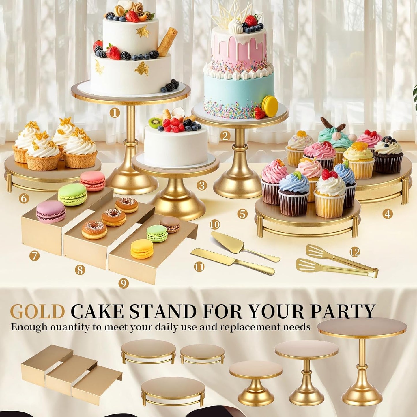 12 PCS Gold Cake Stand Set with Gold Pedestal Cake Stand and Cake Cutter Pie Spatula, Dessert Table Display Set for Wedding, Party, Birthday, Baby Shower, Event Bridal Celebration