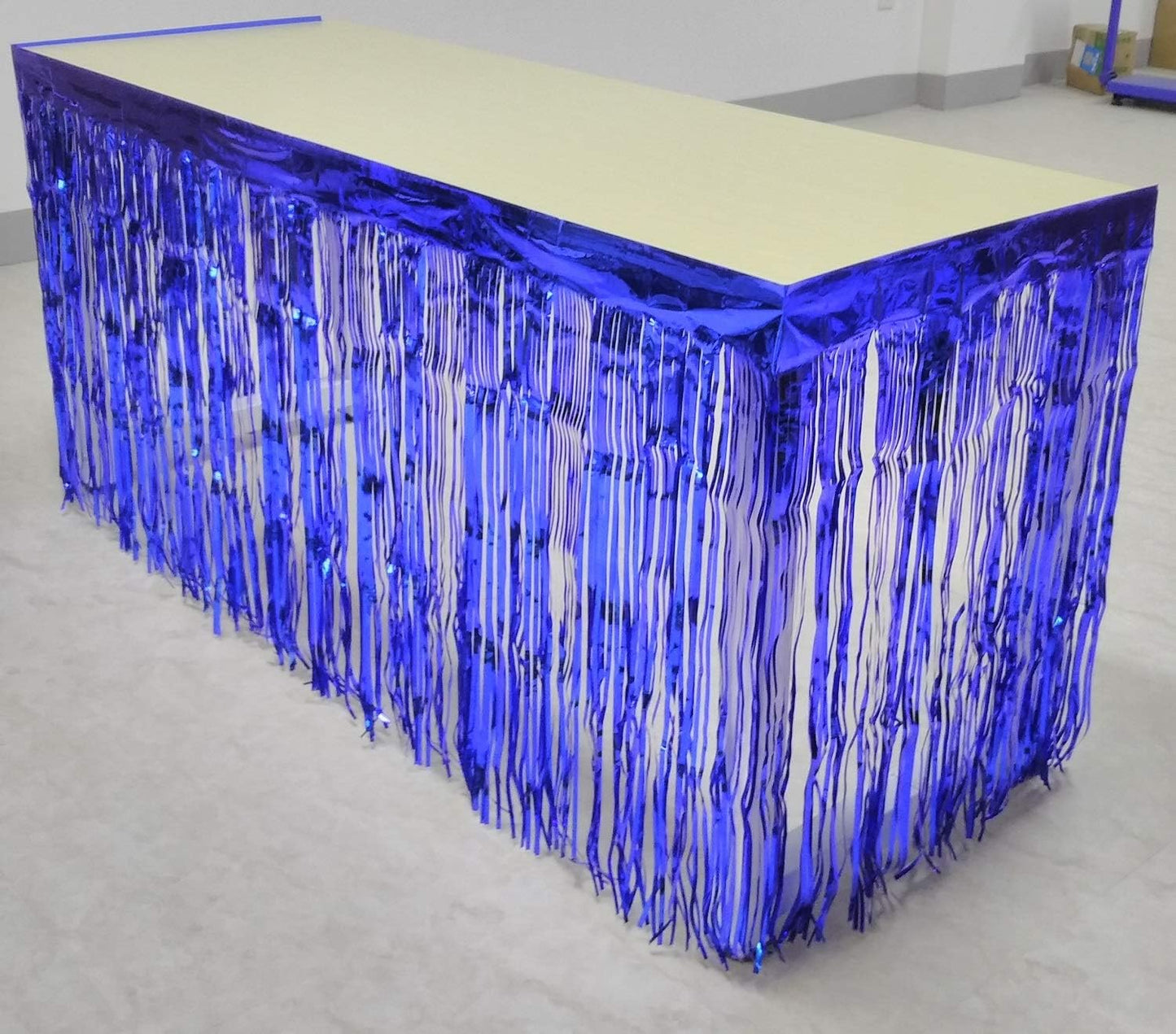Set of 2 Metallic Foil Fringe Table Skirt 29x108 Inch Tinsel Disposable Skirting for Parade Floats Trailer, Mardi Gras Party, Birthday, Baby Shower, Wedding (Blue)