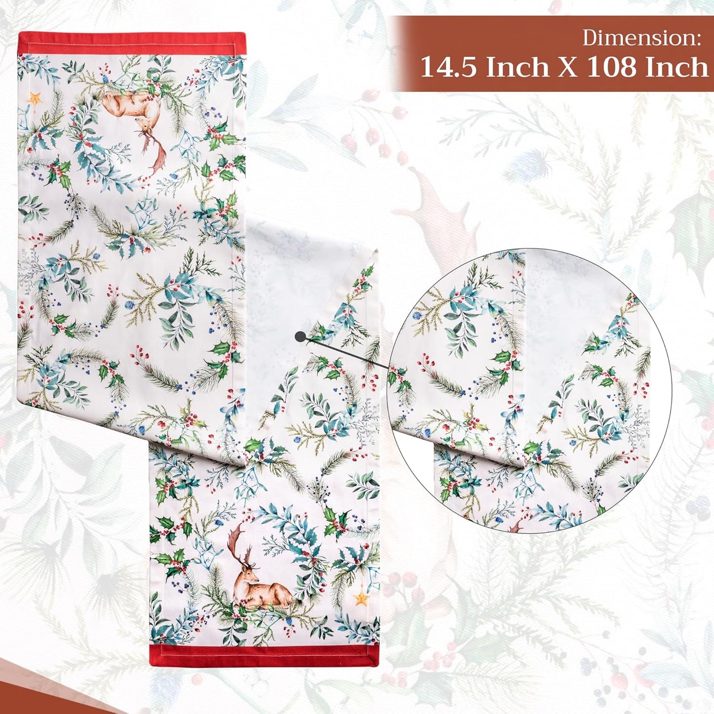 Maison d' Hermine Table Runner 100% Cotton Double Layer Table Runners 108 inches Long for Thanksgiving Christmas Decorations Home Kitchen Dining Party Wedding (Holly Time, 14.5" x 108")