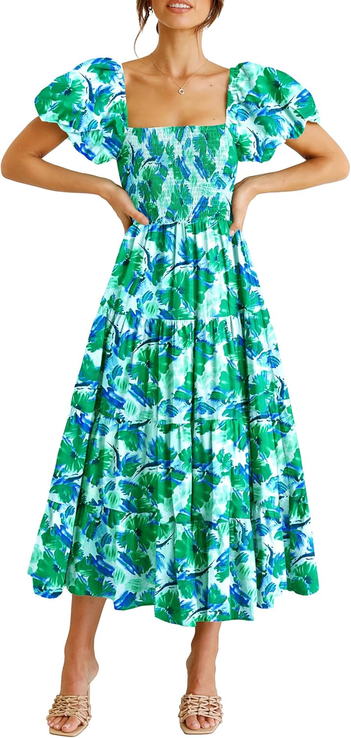 PRETTYGARDEN Women's Casual Summer Midi Dress Puffy Short Sleeve Square Neck Smocked Tiered Ruffle Dresses