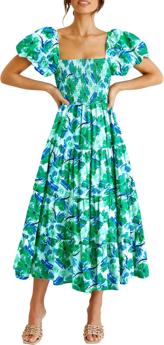 PRETTYGARDEN Women's Casual Summer Midi Dress Puffy Short Sleeve Square Neck Smocked Tiered Ruffle Dresses