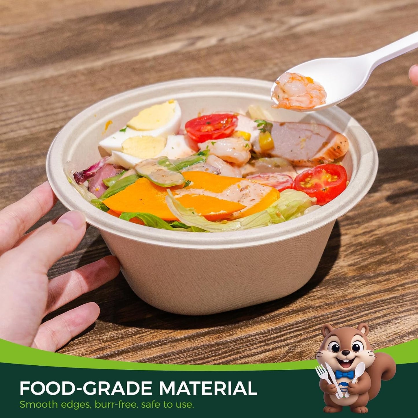 48 OZ [100 Pack] Heavy Duty Compostable Salad Bowls - 100% Sugarcane Fiber, Microwave Safe - Large Disposable Bowls for Soup, Salad, Ramen, Popcorn