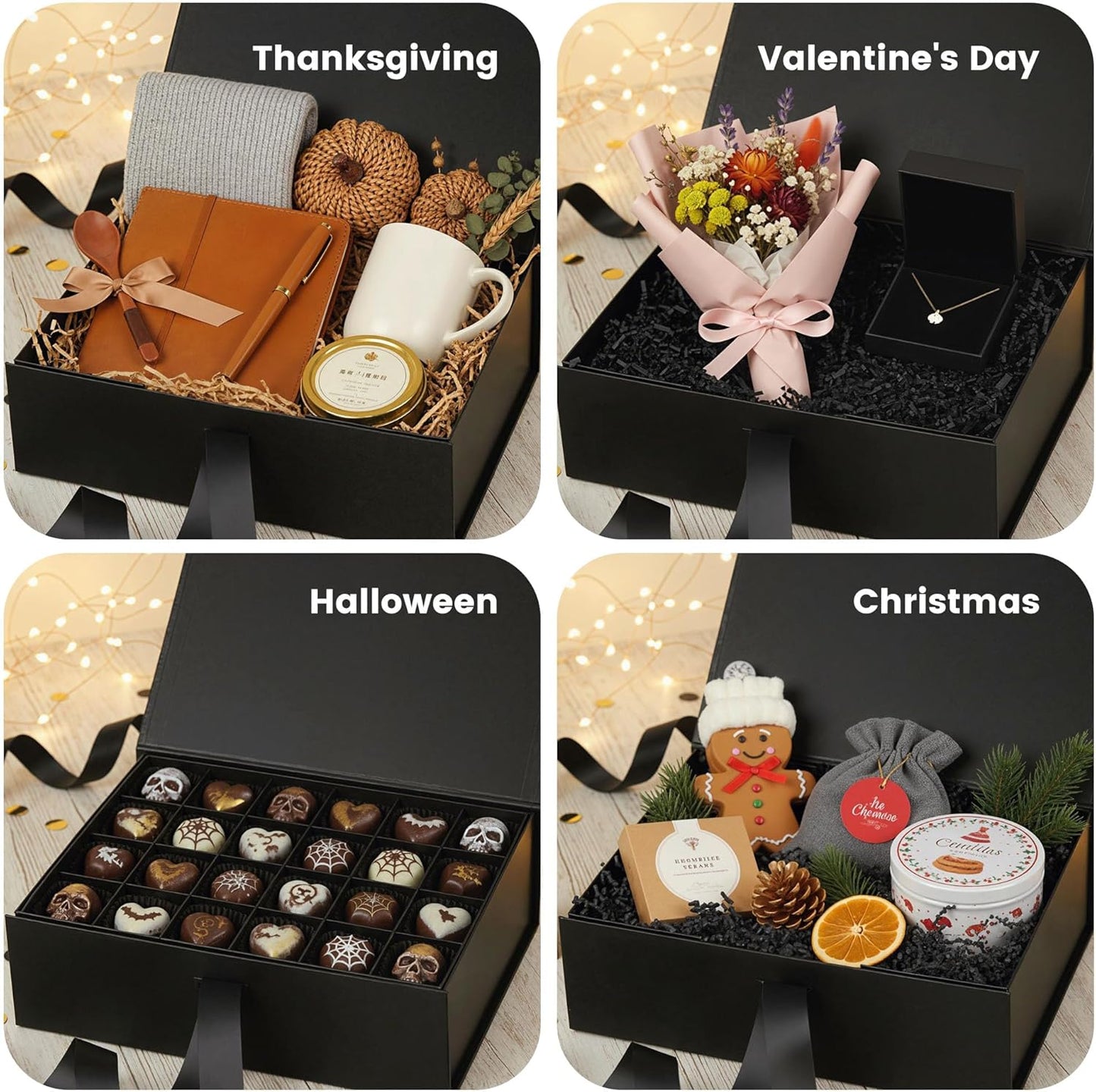 JOHOUSE Black Gift Box 10.5x7.5x3.1 Inches Gift Boxes with Lids for Presents Magnetic Closure Collapsible with Ribbon For men Groomsman Proposal Birthday Halloween Box