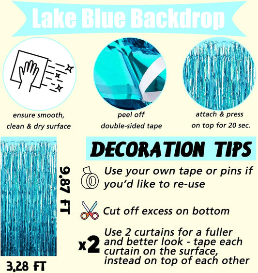 4 Pack Fringe Curtain Backdrop, 3.2Ft x 9.8Ft Blue Metallic Tinsel Foil Fringe Streamers Background for Photo Booth Birthday Wedding Baby Shower Easter Pool Ocean Underwater Party Decorations