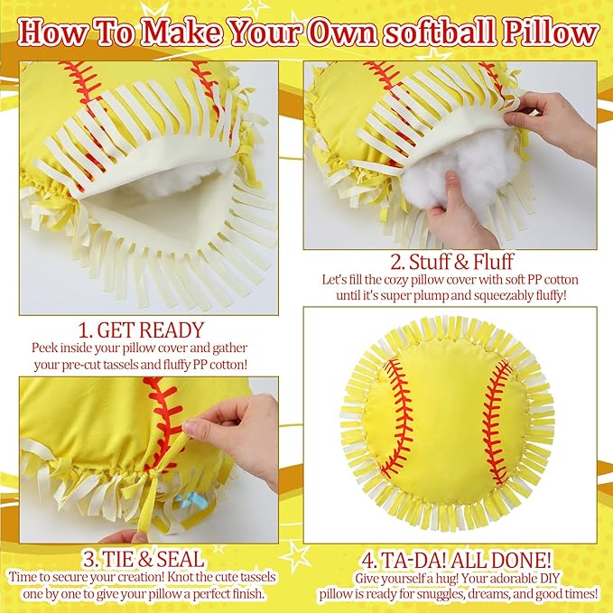 Mindsoft 6 Sets Fleece Tied Pillow Craft Kit Softball Theme DIY Pillow Making Set for Kids, No Sewing with Soft PP Cotton Stuffing for Softball Home Classroom Activity Gift for Sports Birthday Party