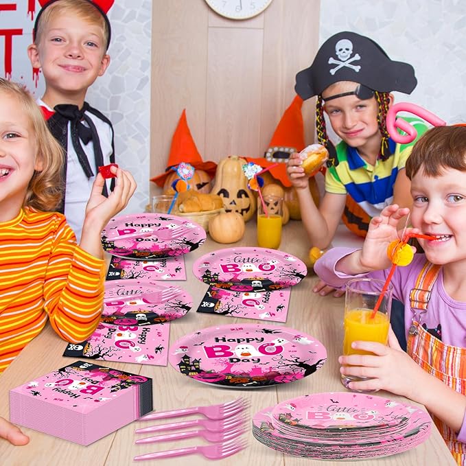 96Pcs Halloween Happy Boo Day Party Supplies - Pink Ghost Pumpkin Paper Plates, Napkins, Dinnerware & Party Favors - Serves 24