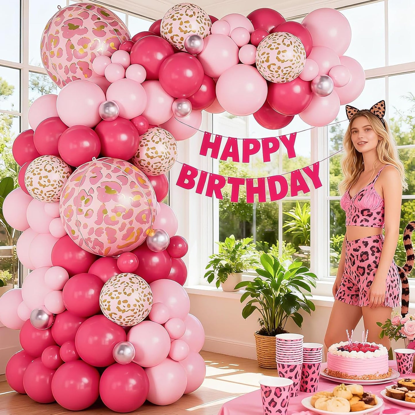 Pink Cheetah Print Balloon Arch Kit, Pastel Hot Pink Leopard Theme Balloons Garland Jungle Animal Party Decorations, Chrome Pink Leopard Balloons for Baby Shower Girls Cheetah Birthday Decorations