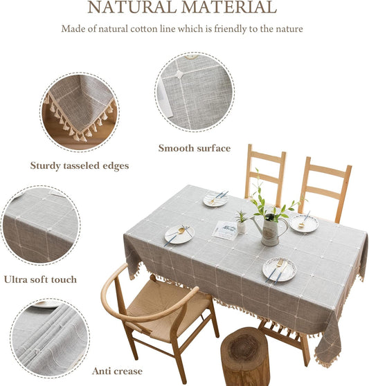 Pahajim Rustic Linen Tablecloth Cotton Rectangle Table Cloth for Kitchen Dining with Tassel Plaid Waterproof Tablecloths Rectangle/Oblong,55''x102'',8-10 Seats