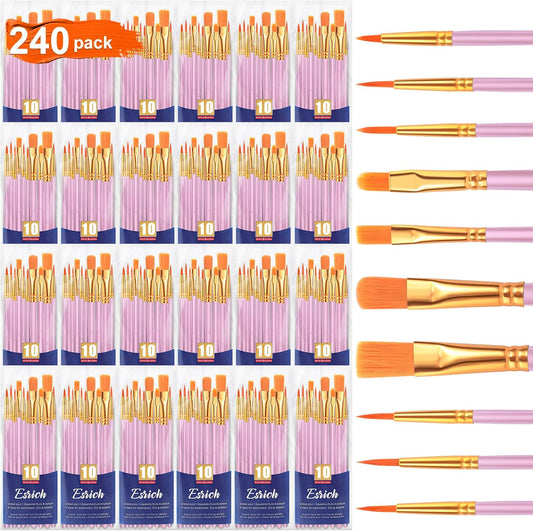 ESRICH Acrylic Paint Brushes Set, 24Packs /240 Pcs, Nylon Brush Head, for Oil Painting, Gouache, Face,Ceramics etc, Kid's and Adults Painting Arts and Crafts Sets.(Pink)