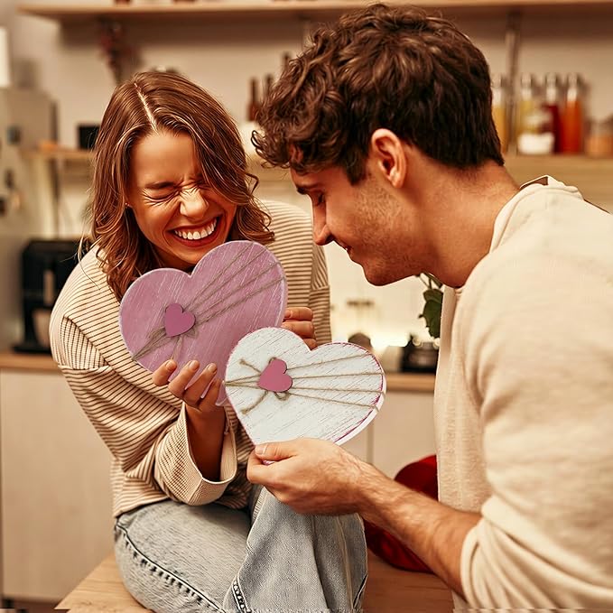 3 Pcs Valentines Day Decor for Table Centerpiece Vintage Wooden Heart Shaped Sign for Tiered Tray Decor with Jute Twine Bows Rustic Farmhouse Boho Valentine Decors for Home Couple Lover Gifts