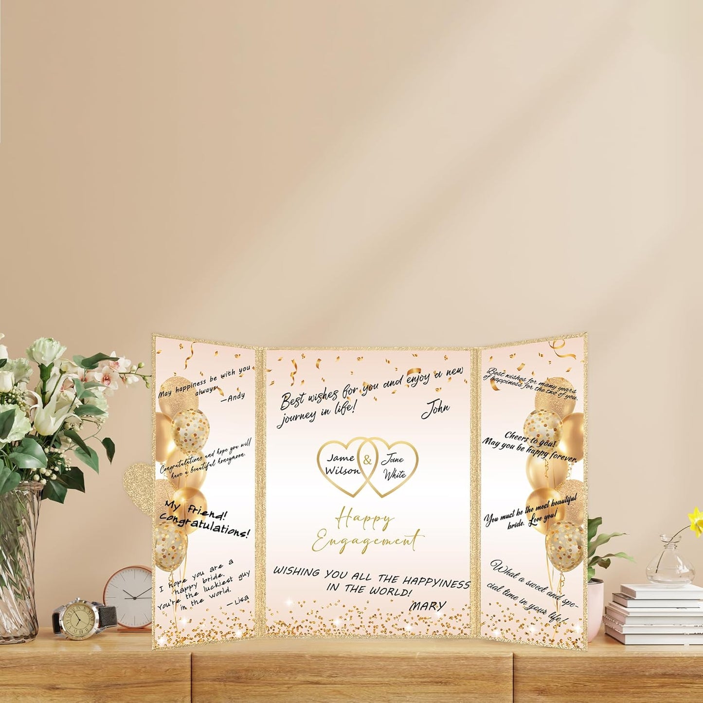 DARUNAXY Champagne Gold Engagement Party Decorations, Happy Engagement Alternative Signature Guest Book Just Engaged Gifts Almost Married Congratulations Engagement Signing Card Board Party Supplies