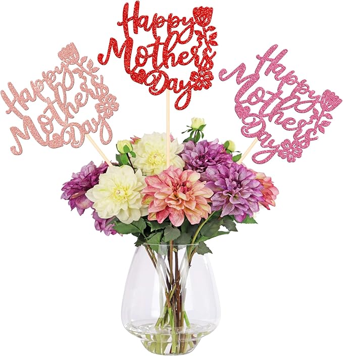 12 PCS Happy Mother's Day Centerpiece Sticks Double Sided Glitter Rose Love Best Mom Centerpieces for Happy Mother's Day Theme Table Flower Decorations Women Birthday Party Supplies Multi