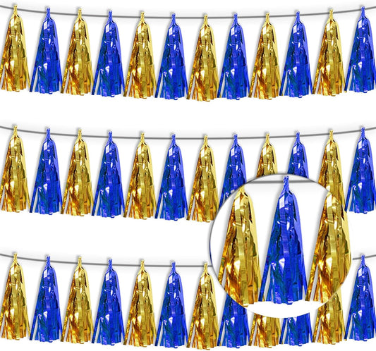 3PNavy-Blue Gold Tassel Banner Garland Metallic Foil Fringe Banner Tinsel Tassels Streamer Banner Backdrop for Parade Floats Birthday Graduation Christmas Bridal/Baby Shower Party Decorations
