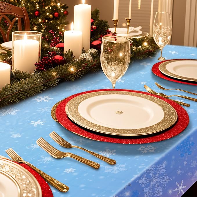 Buryeah 3 Pcs Winter Snowflake Disposable Tablecloth Decorations, Blue and Purple Wonderland Plastic Table Cover 54 x 108 Inch Christmas Dining Tablecloth for Winter Holiday Theme Party Supplies