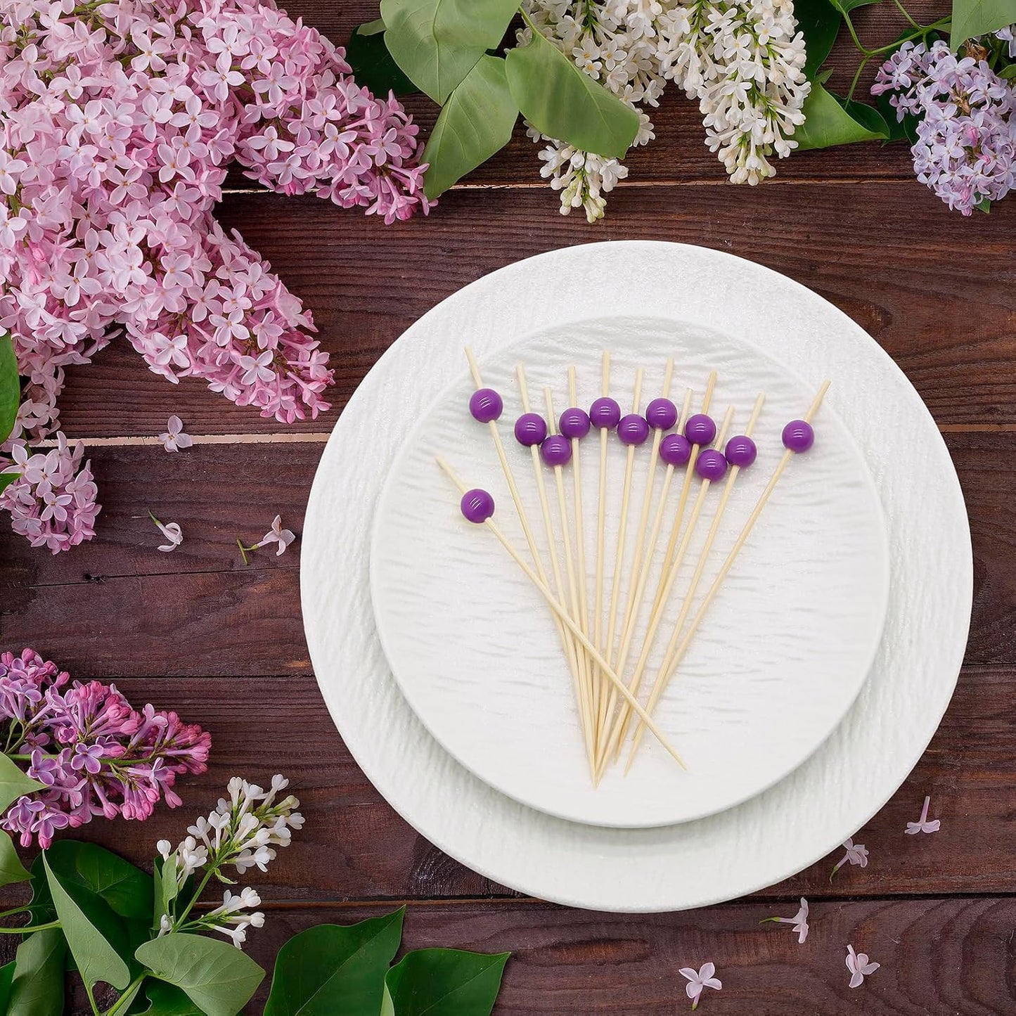Minisland Purple Pearl Cocktail Picks, 4.7 Inch Long Bamboo Fancy Toothpicks for Appetizers, Decorative Bridal Wedding Holiday Party Food Drink Garnish Fruit Kabob Skewer Sticks 100 Counts - MSL454
