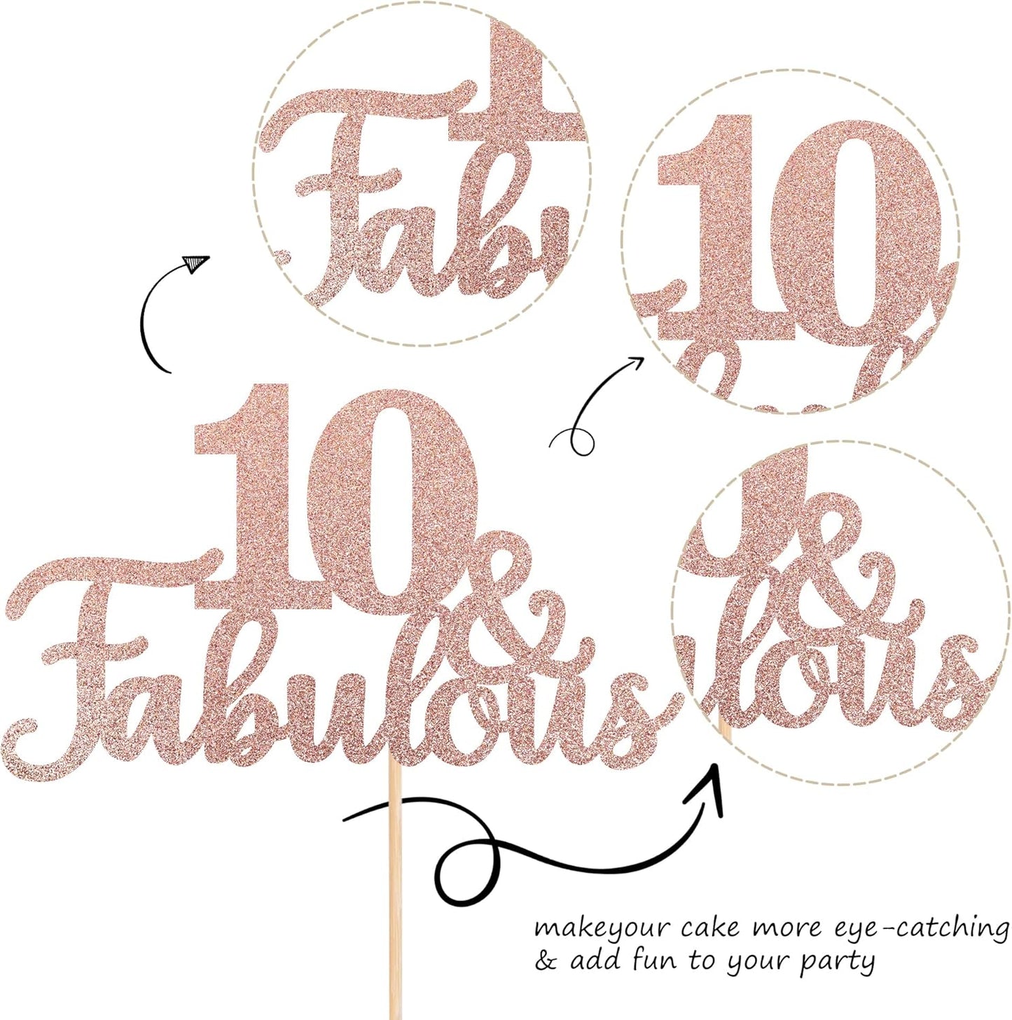 1 PCS 10 & Fabulous Cake Topper Glitter Ten and Fabulous Cake Toppers Happy 10th Birthday Cake Pick for 10th Wedding Anniversary Birthday Party Cake Decorations Supplies Rose Gold