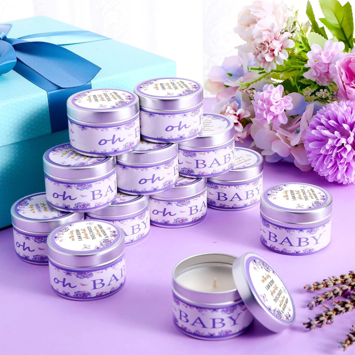 MTLEE 24 Pcs Baby Shower Party Favors Candles Lavender Scented Baby Shower Favors for Guests Rustic Tealights Candles Gender Reveal Return Gifts Girl Boy(Rose,1.2 oz,Purple)