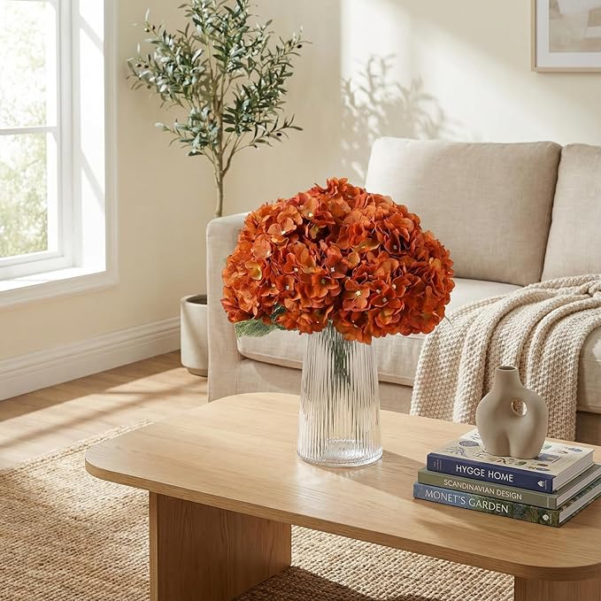 2Bouquets Artificial Fake Flowers Plants Silk Hydrangea Arrangements Wedding Bouquets Decorations Plastic Floral Home Kitchen Garden Party Festival Bar DIY (Orange,5 Flower Heads)