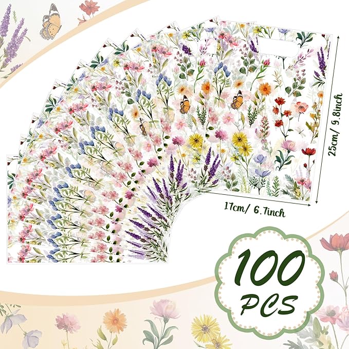 Bulyoou 100 Pcs Wildflower Gift Bags Vintage Wildflower Party Favor Bag with Handle Plastic Goodie Candy Treat Gift Wrapping for Wedding Baby Shower Birthday Party Favors Supplies(Vintage)