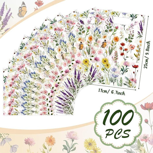 Bulyoou 100 Pcs Wildflower Gift Bags Vintage Wildflower Party Favor Bag with Handle Plastic Goodie Candy Treat Gift Wrapping for Wedding Baby Shower Birthday Party Favors Supplies(Vintage)