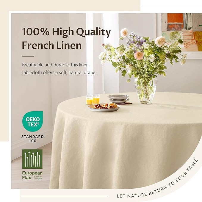Linen World Round Tablecloth 90" Inch - 100% French Linen Washable Natural Tablecloth for Dining,Outdoor,Weddings and Restaurants,Decorative Thanksgiving Christmas,Sand Beige