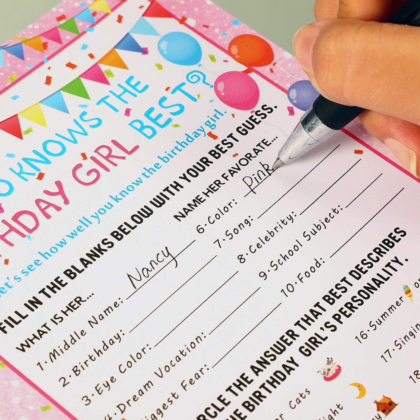 Skylety The Birthday Girl Best, 50 Pieces Birthday Party Activity Game Card Set Who Knows Her Best Girl Birthday Party Activity Themed Party Decorations (Pink)