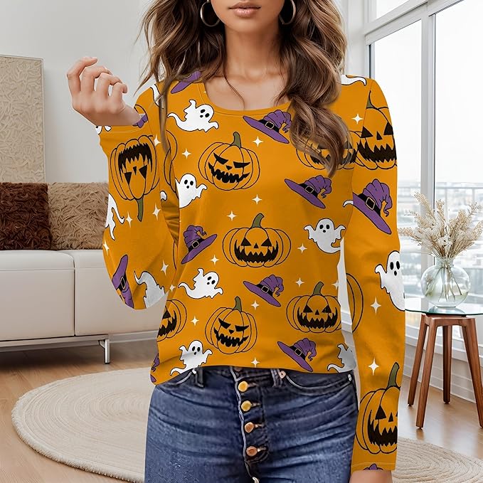 Halloween Sweatshirt Loose Fit U-Neck Spooky Graphic Sweatshirts Fall Halloween Costumes For Holiday Party 2025