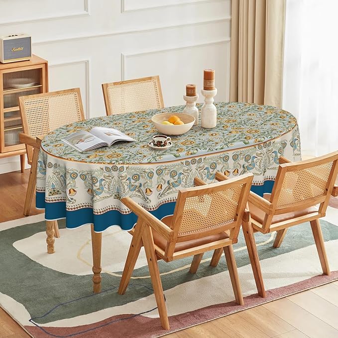 Horaldaily Floral Bordered French Tablecloth 60×84 Inch Oval, Bird Floral Vintage Washable Seasonal Table Cover for Party Picnic Dinner Decor