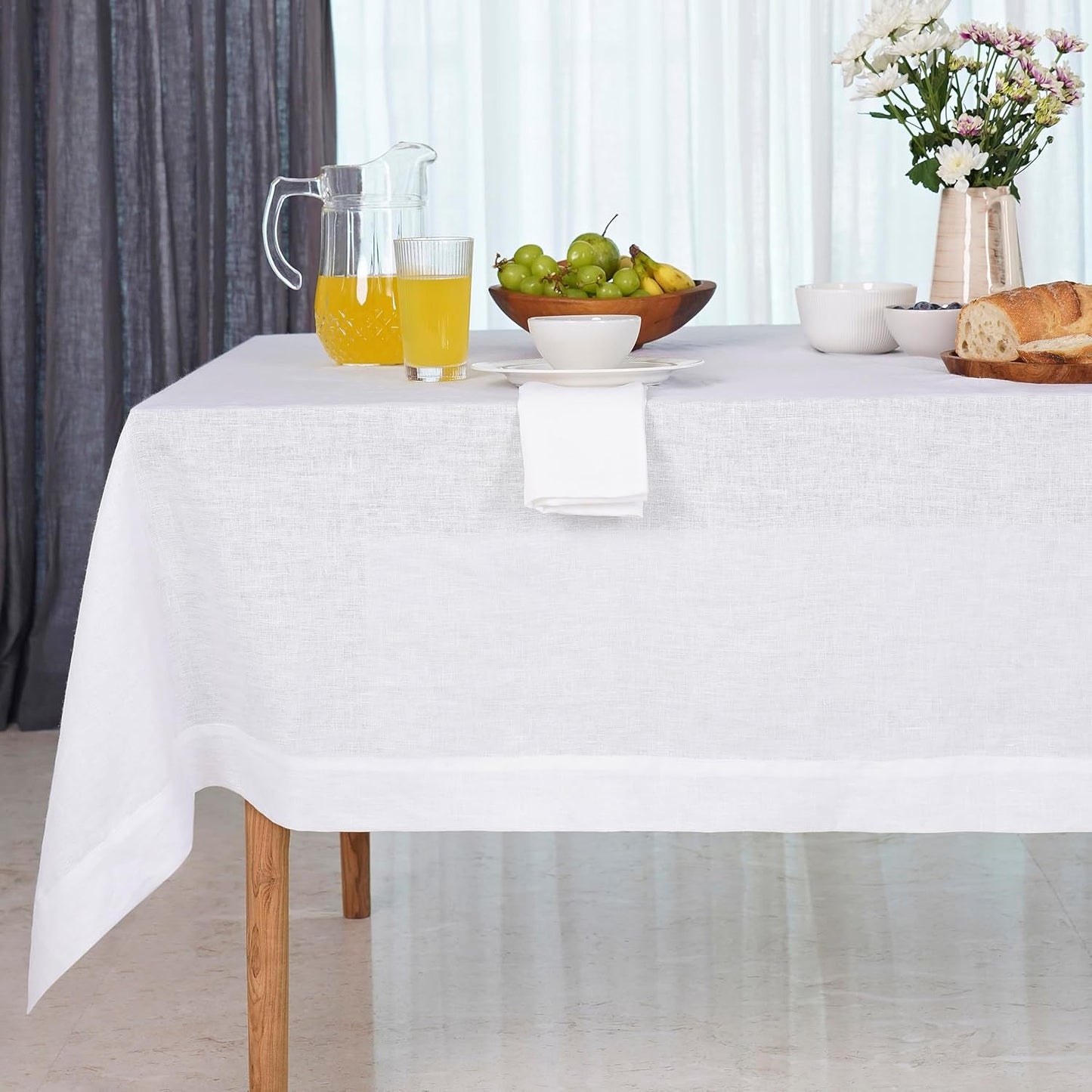 D'Moksha Homes White Linen Tablecloth 60 x 120 Inch - 100% Pure Linen Tablecloth for Rectangle Tables - Machine Washable Table Cloth for Fall, Autumn and Halloween