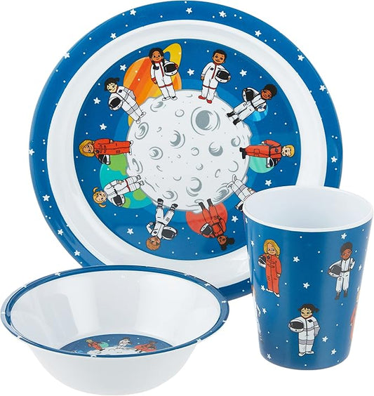 3 Piece Kids Dinnerware Set, Space Themed, BPA-Free Melamine, Multicolor, Toddler Feeding Set