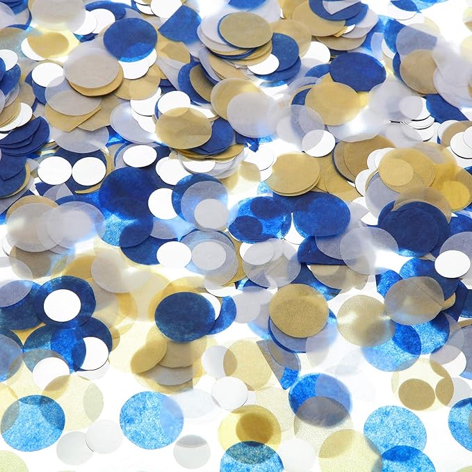 TecUnite Blue Gold Silver Confetti Round Tissue Paper Table Confetti Dots for Wedding Birthday Party Decoration Arts Craft DIY Scrapbooking, 1.76 oz (2.5 cm)