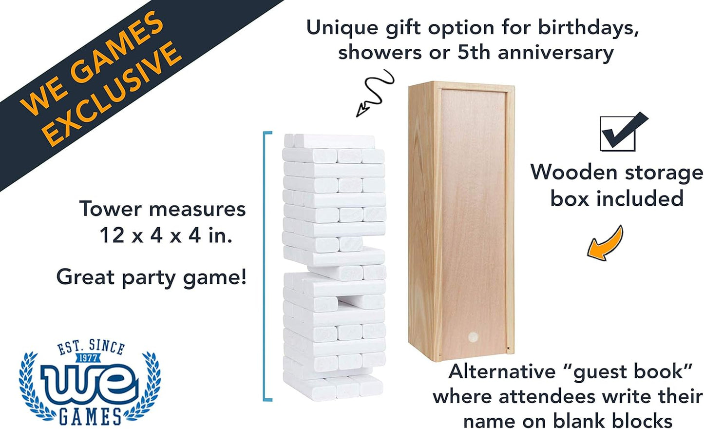WE Games Wooden Block Stacking Party Game for Adults, Tumble Tower Wedding Guest Book Alternative, Tabletop Games, Includes Storage Case, 12 inches