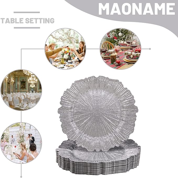 MAONAME Silver Charger Plates Set of 12, Reef Plate Chargers for Dinner Plate, Plastic Decorative Plates for Table Setting, Thanksgiving, Christmas