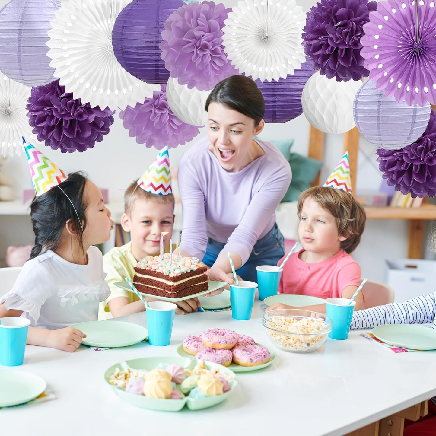 Purple and White Party Decorations Lavender Paper Fans Paper Lanterns Pom Poms Flowers for Baby Shower Birthday Wedding Engagement Party