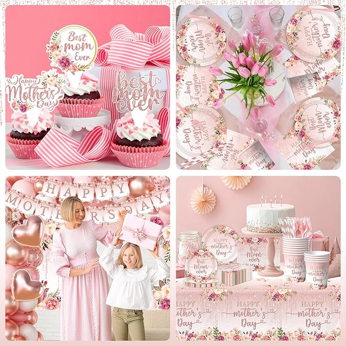 264Pcs Happy Mother's Day Party Supplies Tableware Set Pink Mother's Day Paper Plates and Napkins Best Mom Ever Paper Plates Napkins Forks Balloons Tablecloth Banner for Mother’s Day Serves 24 Guests
