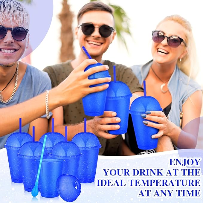 6 Set Slushie Cups with Dome Lids and Straws Detachable Spoon Straws Reusable Plastic Iced Coffee Cups Smoothie Tumbler for Birthdays Summer Party Supplies(Blue,16 oz)