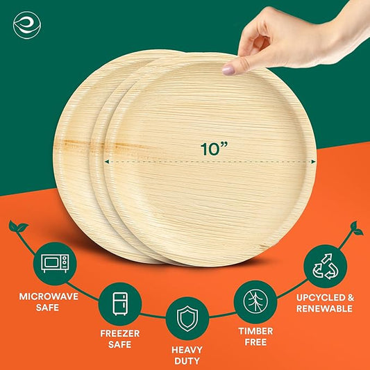 ECO SOUL 10 Inch Disposable Palm Leaf Plates [200 Pack] Premium Food-Safe Heavy Duty Compostable Bamboo Paper Plates for Lunch, Dinner, Birthday, Weddings, Party, Camping & Catering Events [Round]