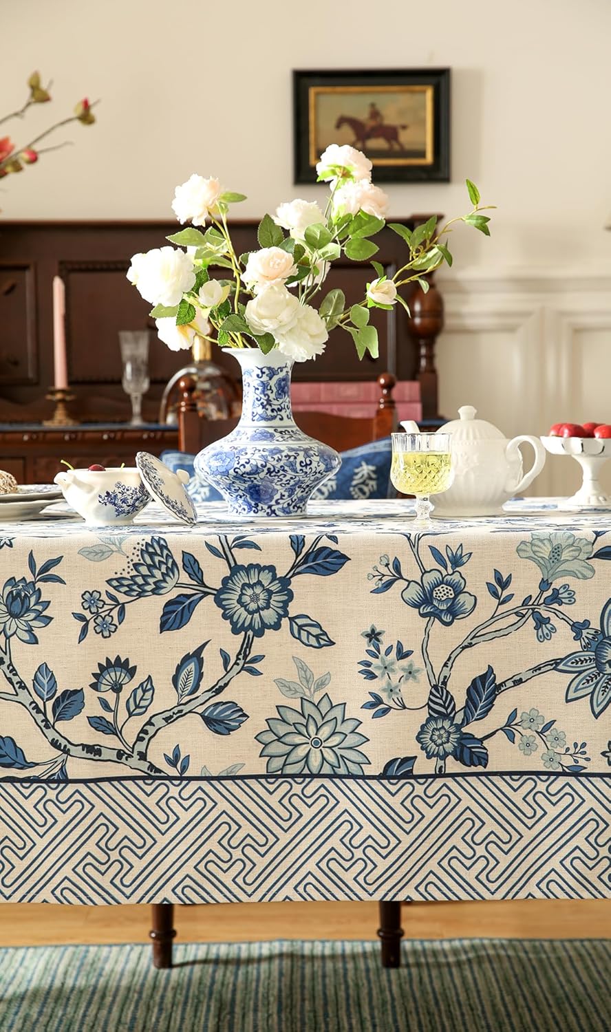 Vintage Blue and White Extra Long Rectangle Tablecloth,French Linen Floral Wrinkle Free Tablecloths,Decor Table Cover for Kitchen,Dining,Party,Thanksgiving,Christmas,63"*110"-Suqing