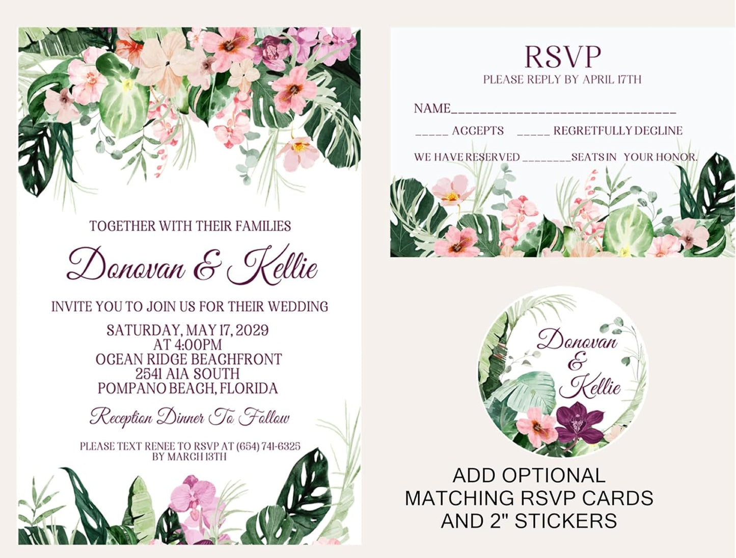 Purple & Green Orchid Wedding Invitations, Tropical Destination, Personalized, Set of 12 Invitations with Envelopes