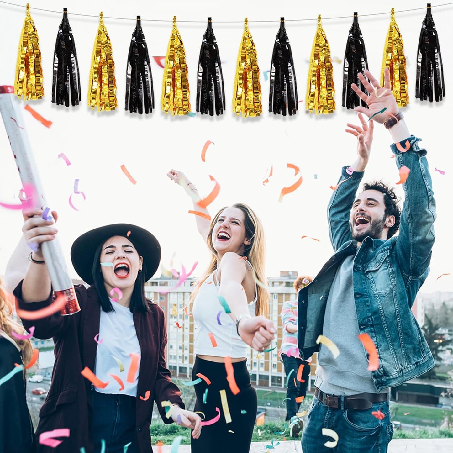 BEISHIDA 3 Packs Black Gold Metallic Foil Fringe Tassel Garland, Tassels Banner Streamers for Car Floats Bridal/Baby Shower Birthday Wedding Halloween Christmas Holiday Party Decoration