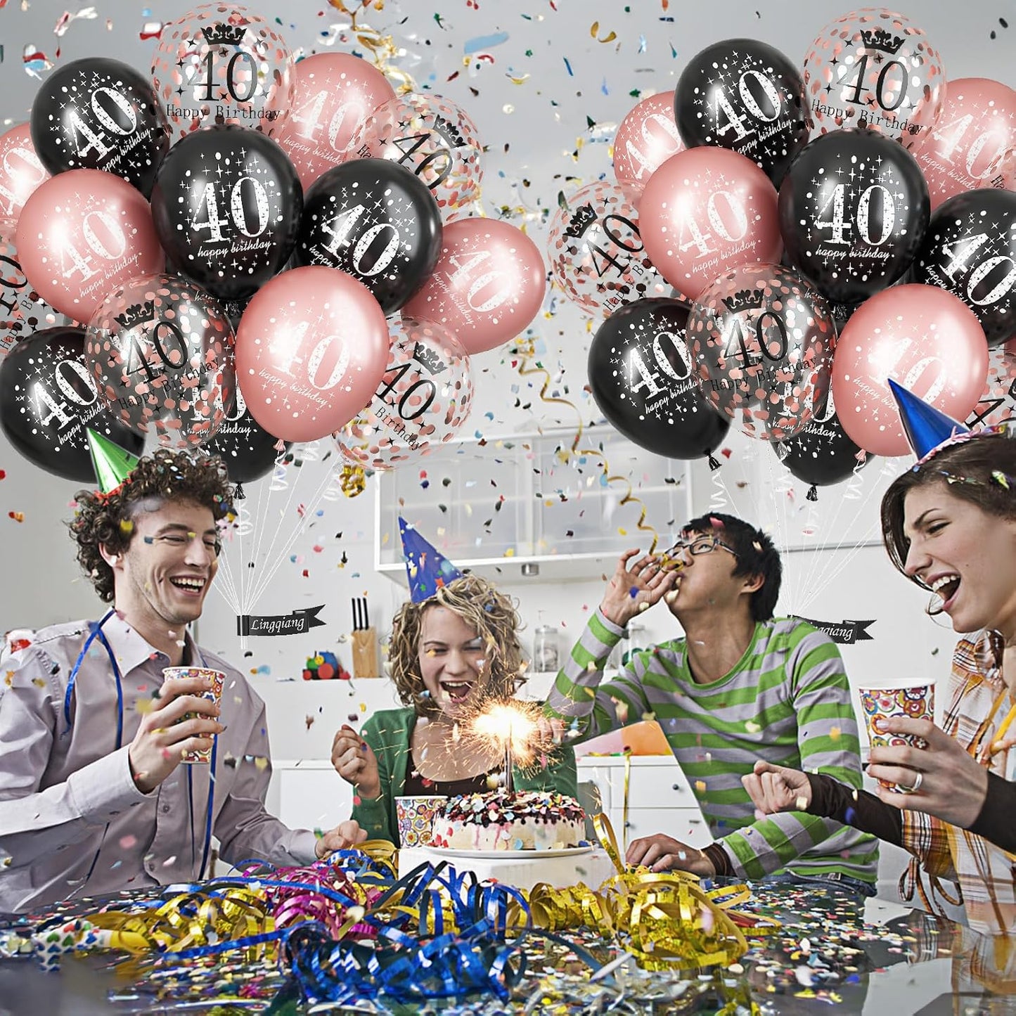 Black Rose Gold Happy 40th Birthday Balloons, 15 Pieces 40th Birthday Decorations for Women, 40th Latex Helium Balloons for Her Age 40 Years Old 40th Birthday Party Decor Celebration Supplies