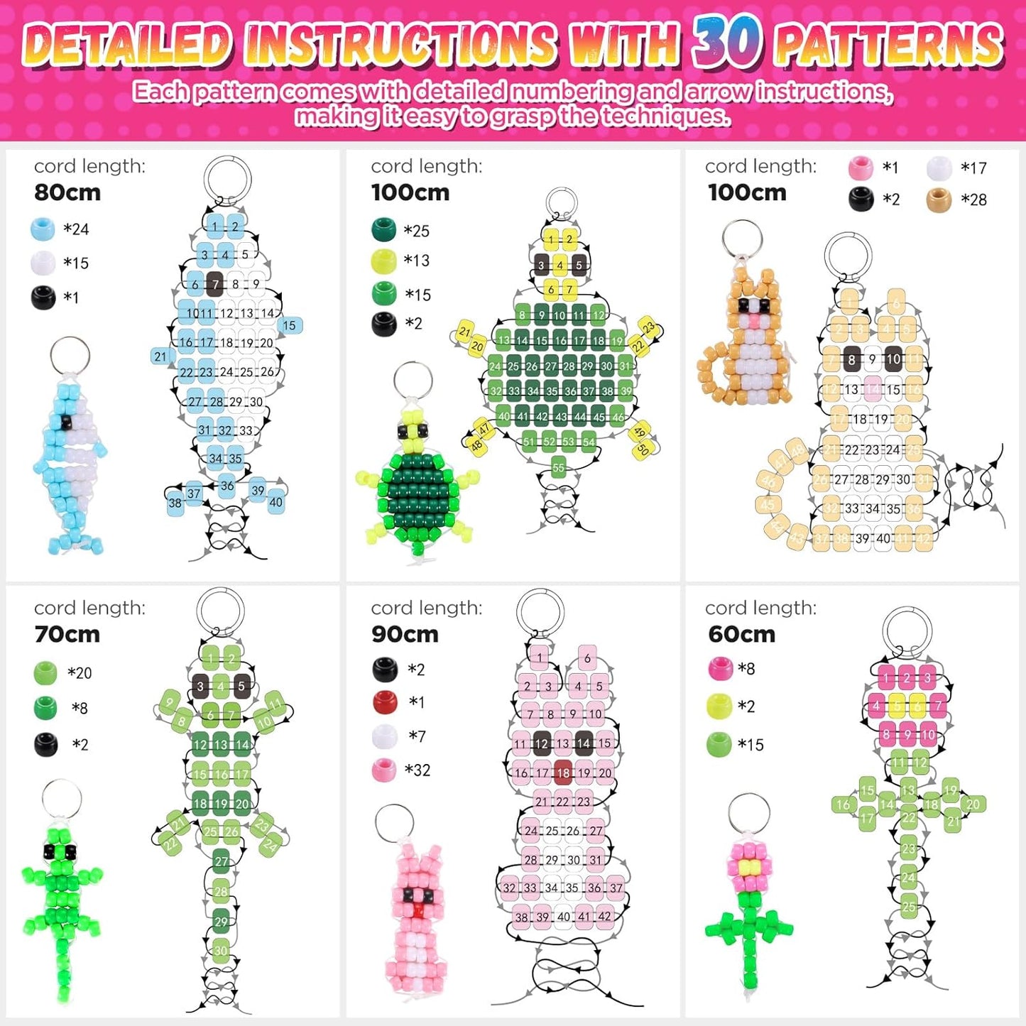 Funtopia Beads for Crafts, Pony Keychain Making Kit, Pets Art Crafts for Kids Beginners, Birthday Party DIY Craft for Girls Boys (1500 Beads, 30 Designs)