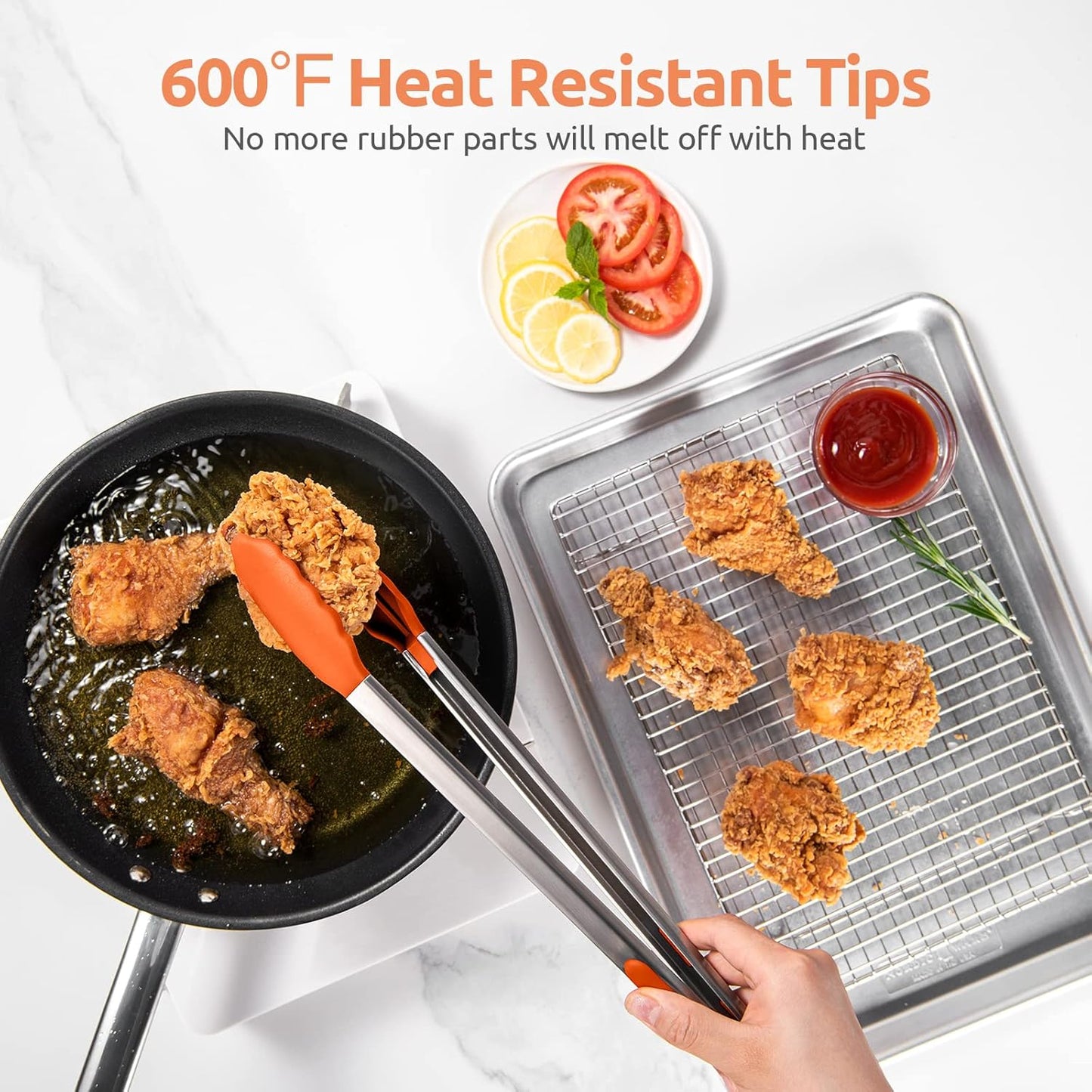 600ºF Heat Resistant Kitchen Tongs: U-Taste 16 inch Extra Long Large Silicone Cooking Tong with Sturdy Non Stick Rubber Tips & Non Slip Silicon Coated 18/8 Stainless Steel Handle for Grill BBQ(Orange)
